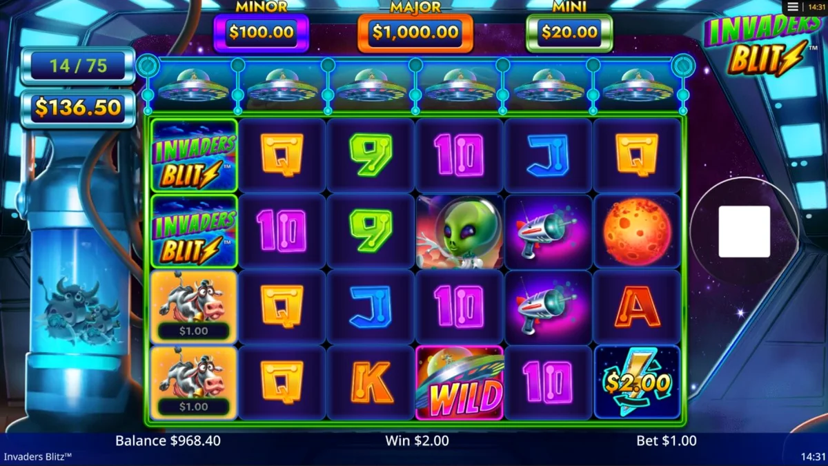 Interface visual do slot Invaders Blitz com tema de invasão alienígena
